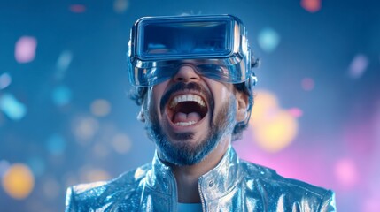 A man wearing futuristic VR goggles and a shiny silver jacket laughs excitedly against a vibrant, colorful background.