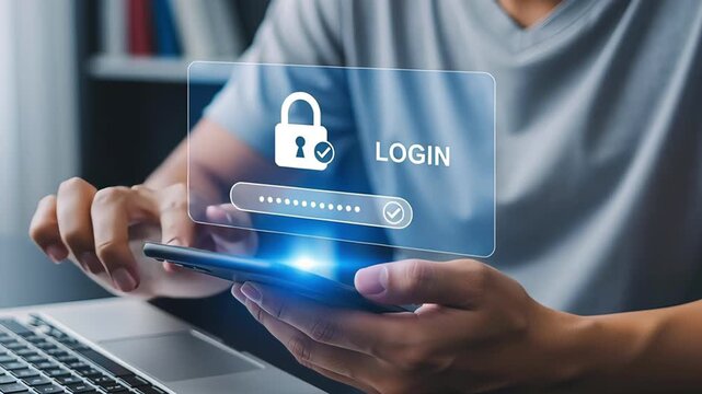 Person using smartphone to log in with password authentication and digital security lock icon on virtual interface. Concept of online privacy, secure access and data protection
