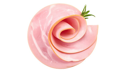 Sliced ham arranged in rose shape with sprig of rosemary for fresh look