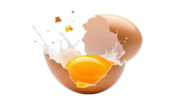 Cracked brown egg with bright yellow yolk and white splash isolated on transparent background