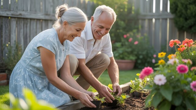 A photograph of a smiling senior couple working together in a lush backyard garden.