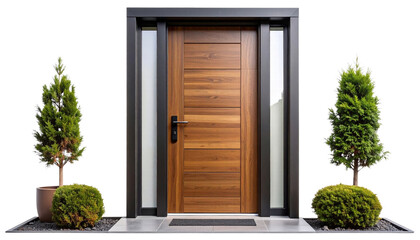 Fototapeta premium Modern wooden front door with black frame and glass panels, flanked by green potted plants