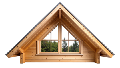 Wooden attic window with triangular roof and forest view, natural and cozy design