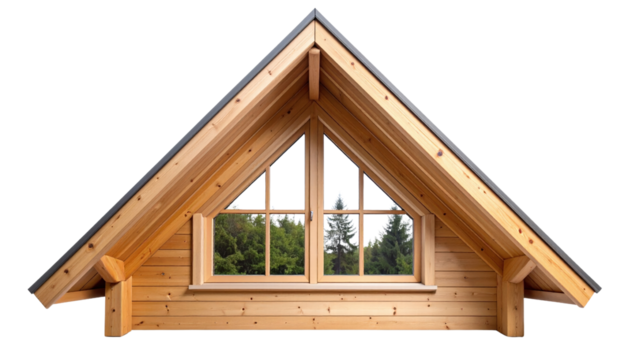 Wooden attic window with triangular roof and forest view, natural and cozy design