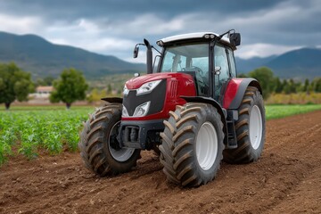 Obraz premium Close Up of a Large Heavy Duty Wheel Tractor in a Field