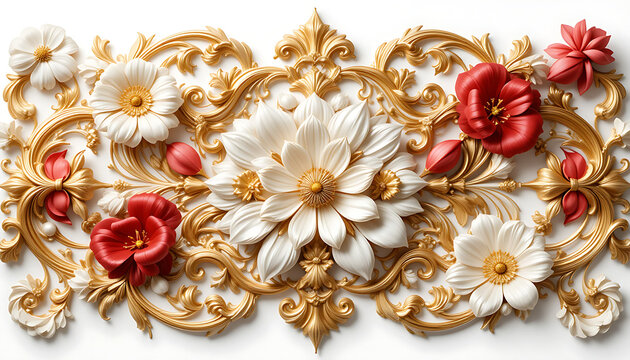 Elegant bas-relief of white and red flowers with ornate golden scrollwork. - Powered by Adobe