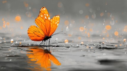 A vibrant orange butterfly rests on a wet surface, its reflection mirrored in the water.  The background is a muted grayscale with bokeh effects suggesting rain or mist