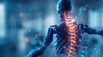 A digital human skeleton with an illuminated spine is shown in a futuristic, high-tech environment with data and holographic interfaces.