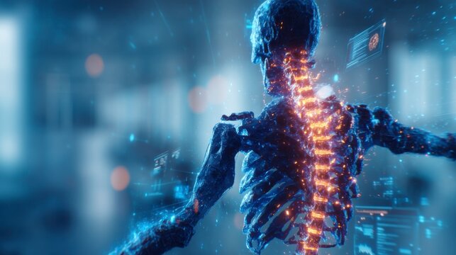 A digital human skeleton with an illuminated spine is shown in a futuristic, high-tech environment with data and holographic interfaces.