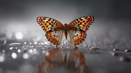 A vibrant butterfly with orange and white patterned wings rests on a reflective surface, surrounded by bokeh and water droplets, creating a serene and captivating image