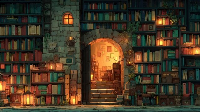 Anime background or wallpaper featuring an enchanted bookstore shelves rearranging themselves under flickering candlelight