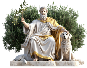  Zeus Holding Olive Branch with Dog Underfoot, Ancient Throne Setting, 3D Render, isolated on transparent background  