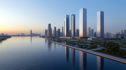 Obraz premium Modern skyscraper, waterfront, urban landscape, sunrise, reflection, peaceful