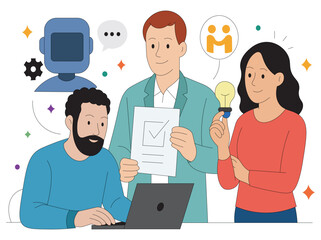 Teamwork with Artificial Intelligence Business People Brainstorming with Robot Chatbot Vector. AI in Workplace Vector People Sharing Ideas with Robot Assistance and Technology Support.