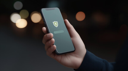 hand holds a smartphone displaying a green shield icon and a loading bar against a dark, blurred background with bokeh lights, symbolizing mobile security, data protection, or an application update.