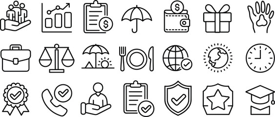 Insurance and protection line icons set, safety, legal, finance, coverage, travel, support, shield, editable stroke, vector pack