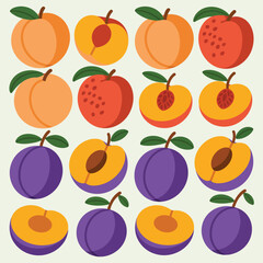 Flat design illustration of peaches and plums arranged in a grid pattern
