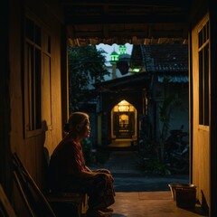 An Elderly Woman Contemplates Life's Journey at Dusk, a Mosque in the Background