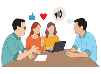 Business team discussing social media marketing strategy with laptop flat vector illustration of people working together. Office meeting about online advertising and digital communication.