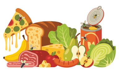 Flies contaminating various food items including pizza bread meat and canned goods