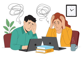 Stressed office workers with laptops facing deadline pressure flat vector illustration. Business team suffering from overwork and burnout at workplace modern flat design.