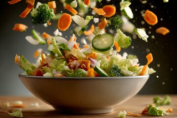 Fresh mixed vegetables falling into a bowl, creating a dynamic image of a healthy salad preparation, perfect for a clean eating lifestyle.