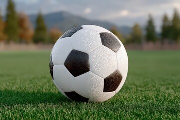 Fototapeta premium Morning Shot of a Generic Soccer Ball on Fresh Green Grass