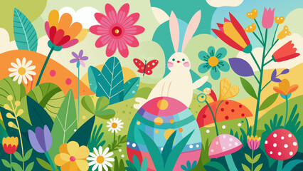 Illustration of easter scene with bunny, easter egg, flowers, butterfly and mushrooms in nature landscape