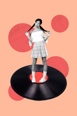 Trend graphics collage of person stand doubt retro vinyl record on orange background