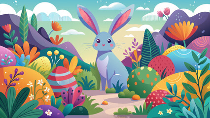 A colorful easter scene with a blue rabbit surrounded by easter eggs and spring flowers outdoors