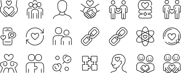 Love and care icon set, human relationship symbols, heart connection illustrations, community, empathy, support, mental health, kindness, unity concept design