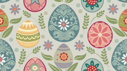 A festive easter pattern featuring decorated eggs flowers and foliage in pastel colors for a spring celebration