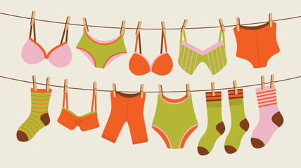 Colorful underwear and socks hanging on a clothesline with clothespins