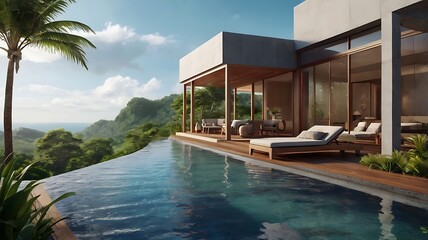 Elevated tropical terrace with infinity pool, 3D realistic rendering