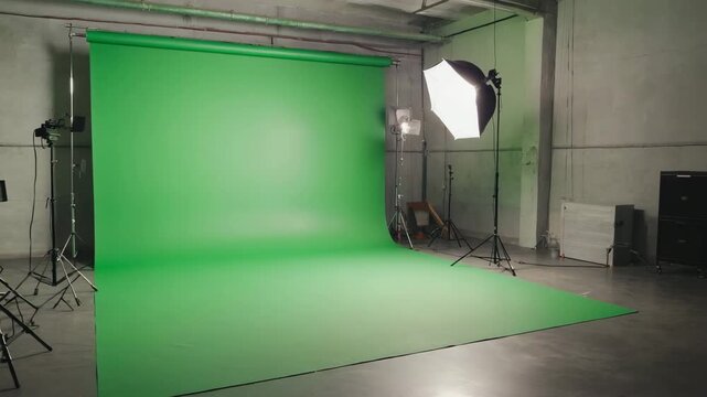 Indoor film studio setup with extended chroma green backdrop on floor and wall, surrounded by softbox lights, tripods, and reflectors, high-production quality scene, isolated on green background 