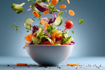 Fresh mixed vegetables falling into a bowl, creating a dynamic image of a healthy salad preparation, perfect for a clean eating lifestyle.