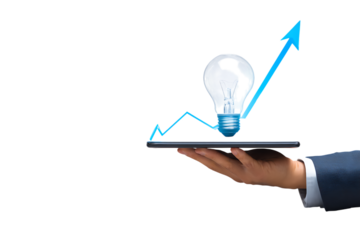 Hand holding tablet showing a growing lightbulb.