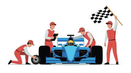 Formula one pit crew working on blue race car with checkered flag