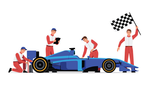 Formula 1 racing team preparing car and celebrating victory with checkered flag