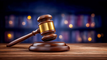 Gavel positioned on wooden block in dimly lit space with blurred law books in background. Concept of law, justice, courtroom proceedings, legal industries seeking visual content