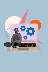 3d poster image vertical pop art collage of happy manager girl freelancer sit laptop gearwheel...