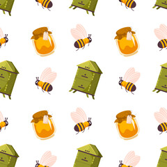 Bee and honey seamless pattern. Cute hand drawn summer insects, bee honeycomb vector background. Organic healthy food, honey templates or fabric design. Summer illustration. Cartoon sweet bees print