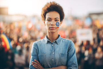 Naklejka premium Woman with face paint stands confidently at social justice rally, diverse crowd in background displaying colorful signs. Concept of activism, community engagement, human rights