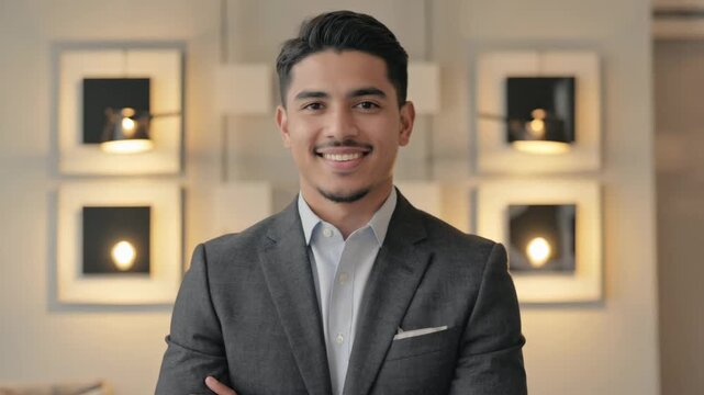 Professional, young Latino man in business attire smiling for a portrait. He is wearing a suit and tie and has a modern urban office background.