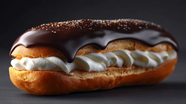 Delicious chocolate pastry with whipped cream and sprinkled sugar.