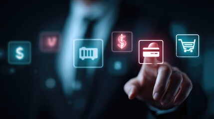 E-commerce Navigation: A close-up of a person's hand, pointing at a digital interface, offering intuitive icons to facilitate online shopping, emphasizing ease of use and modern convenience