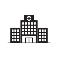 Obraz premium A black silhouette of a hospital building with a cross symbol on top, isolated on a white background