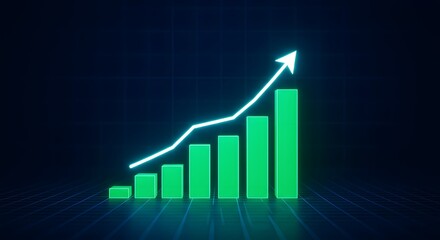 Glowing green bar graph with upward trending arrow on dark grid background