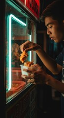 Nighttime Street Food Delight: Young Man Enjoying Savory Snack from a Vending Machine