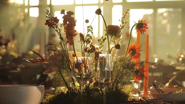 Wine glasses and orange candles are decorating a wedding table with flowers and moss centerpiece